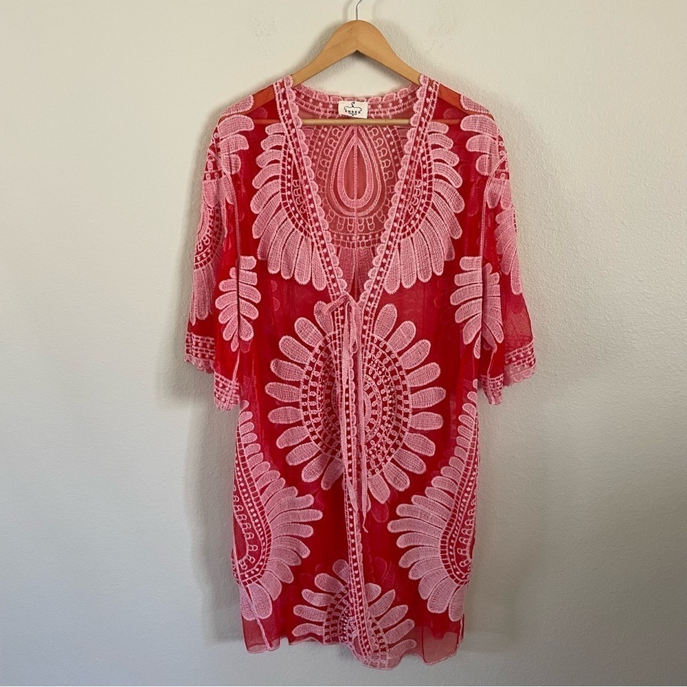 Ember Swimwear Cover-Up Embroidered Floral Kimono Duster Red Pink Size Medium